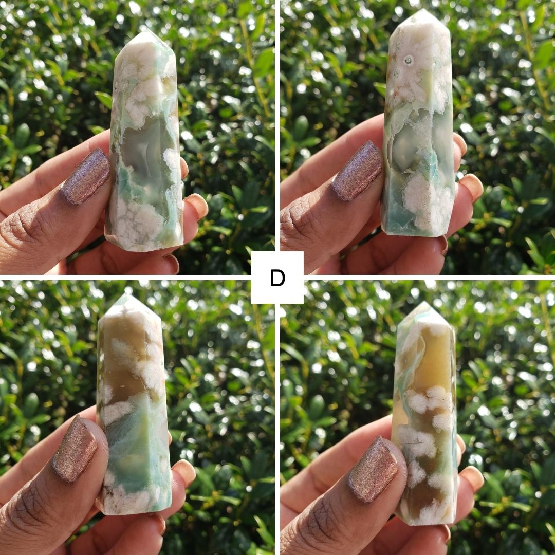 GREEN FLOWER AGATE TOWER - Blue Teal Sakura Mineral Chakra Witch Crystal  Decor